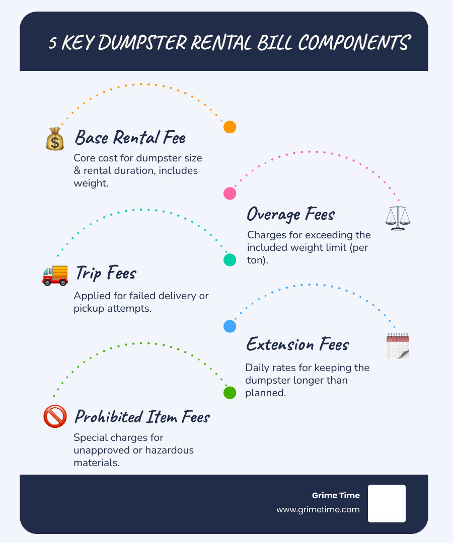 Infographic showing the 5 main components of a dumpster rental bill: base rental fee with included weight allowance and rental period, overage fees for excess weight, trip fees for delivery/pickup issues, extension fees for longer rentals, and prohibited item disposal fees - dumpster fees infographic infographic-line-5-steps-blues-accent_colors