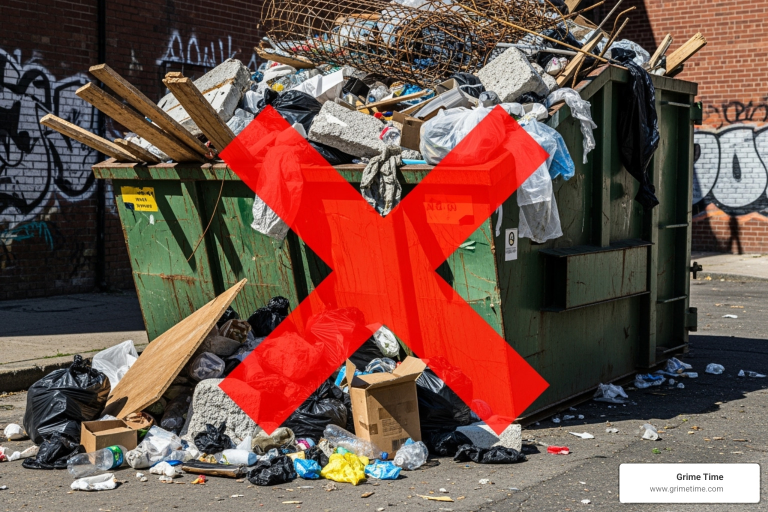 an overfilled dumpster with a red "X" over the top - dumpster fees