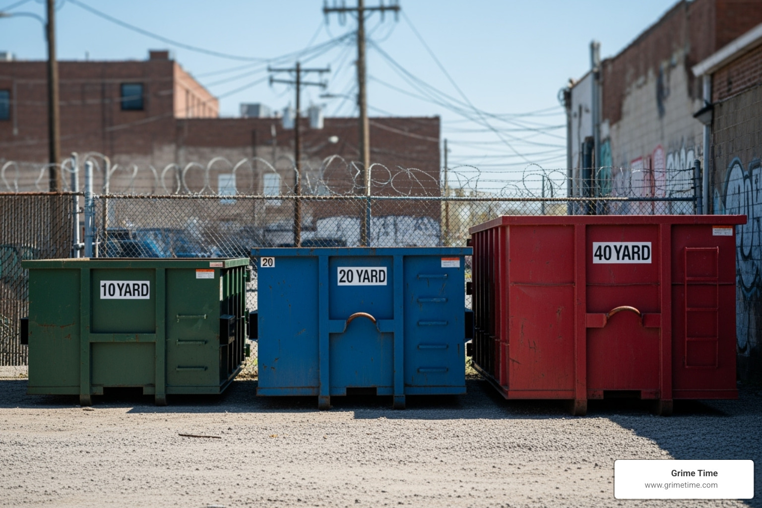 various dumpster sizes (10, 20, 40-yard) lined up - dumpster fees