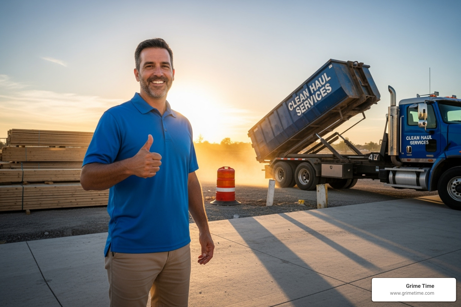 happy customer giving a thumbs-up in front of a clean project site as a dumpster is hauled away - dumpster fees