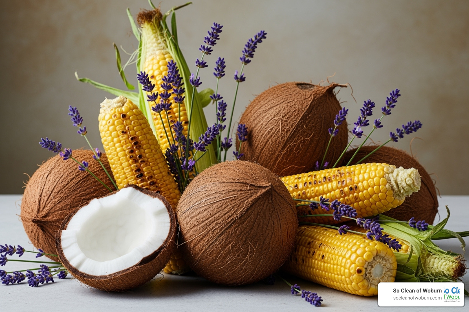 key plant-based ingredients like coconuts, corn, and lavender flowers - plant based surface cleaner