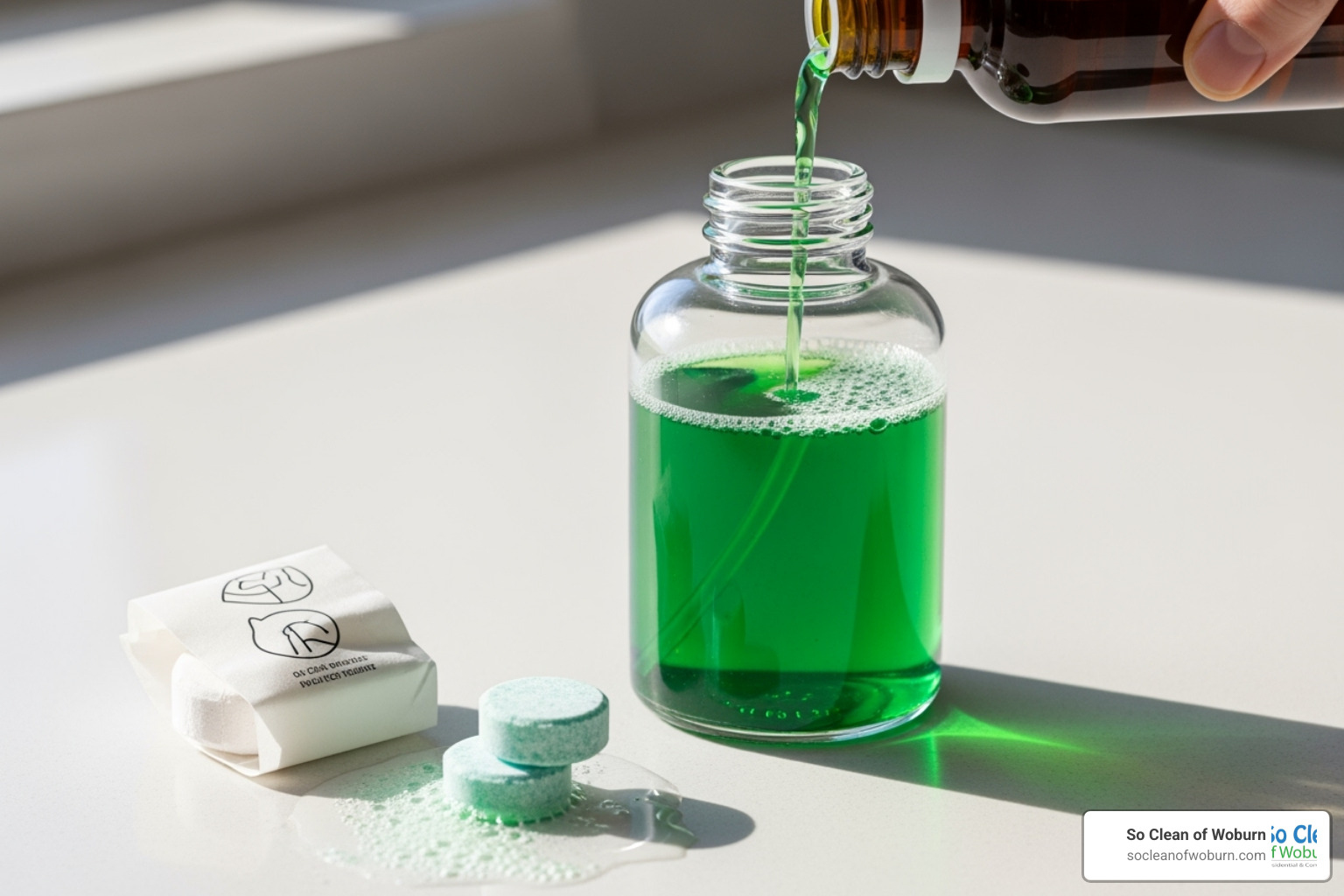 variety of sustainable options: a glass spray bottle being refilled from a concentrate, and dissolvable cleaning tablets - plant based surface cleaner