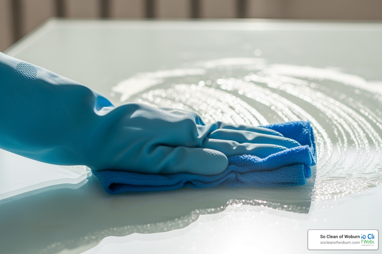 hand in a cleaning glove wiping a sparkling clean glass tabletop - plant based surface cleaner