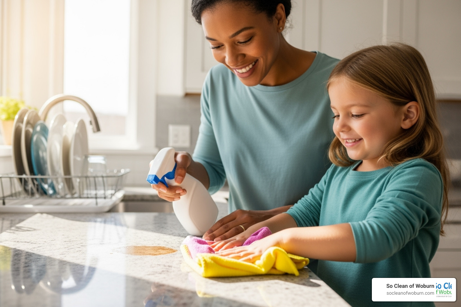 parent and child cleaning a surface together, both smiling - plant based surface cleaner