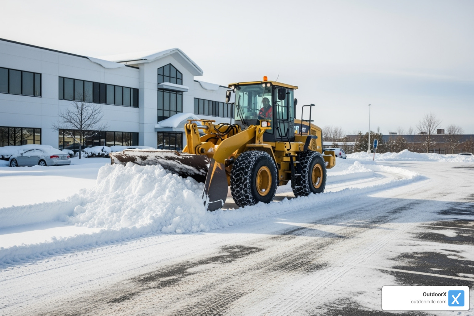large front-end loader clearing a commercial parking lot - commercial snow plowing services near me