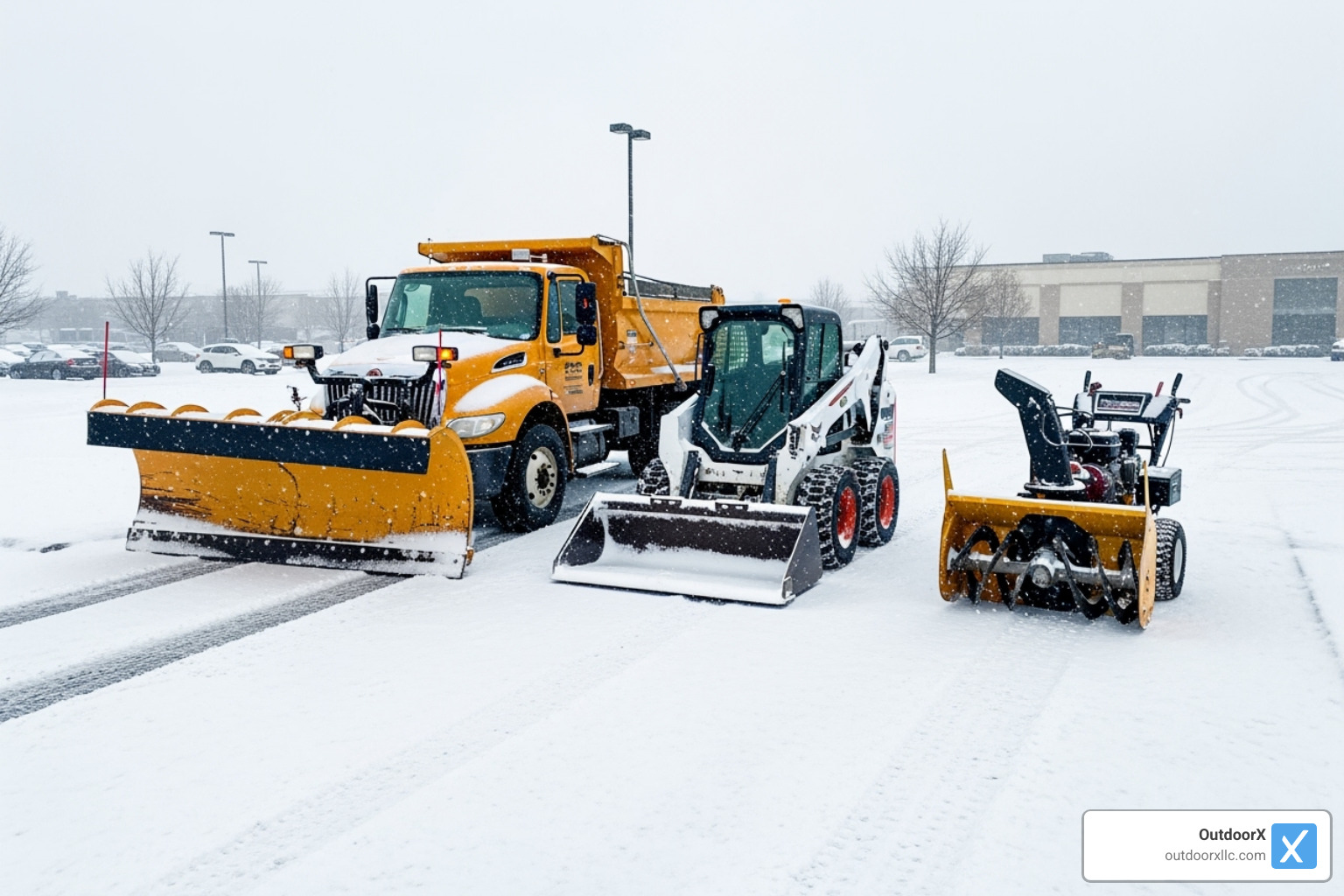 various snow removal equipment including a plow truck, skid-steer, and commercial-grade snow blower - commercial snow plowing services near me