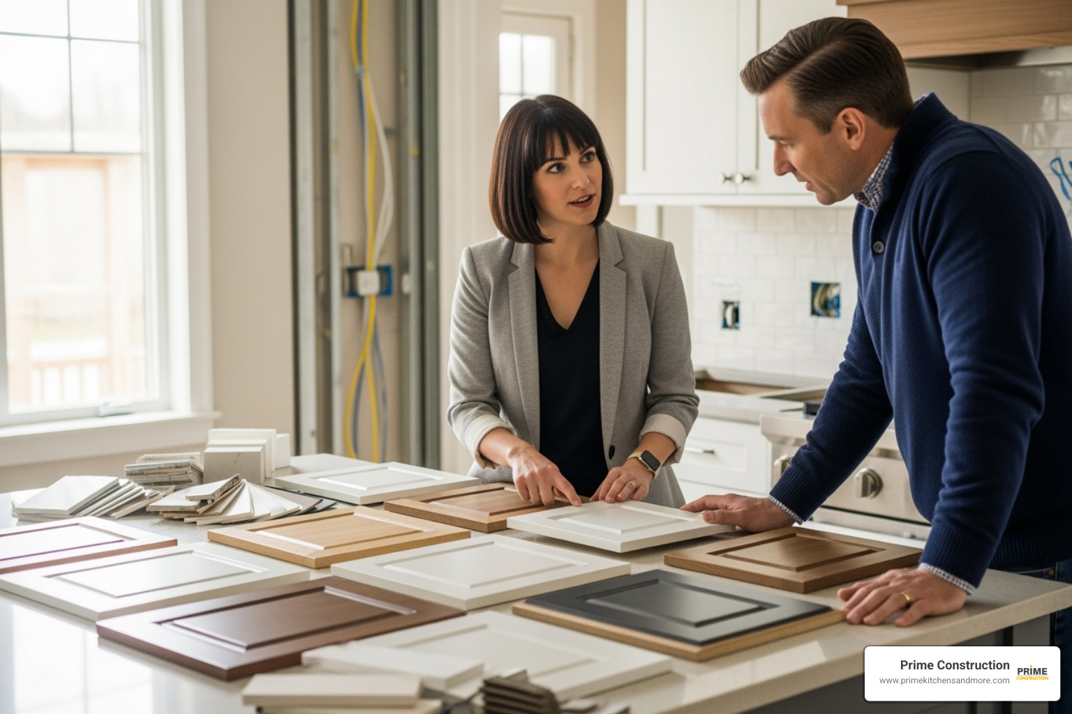 designer and homeowner reviewing cabinet samples - kitchen cabinetry Orlando FL