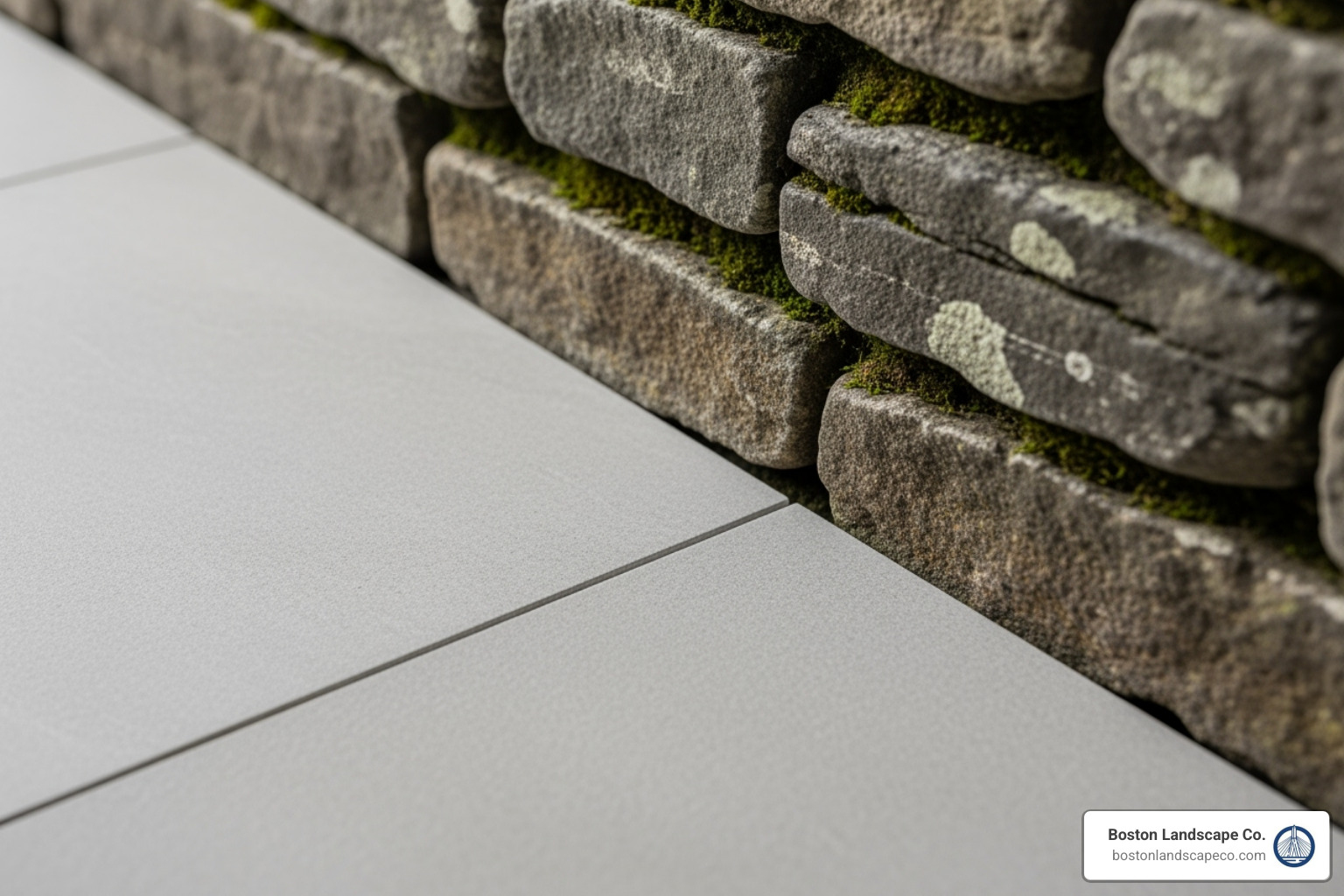 close-up shot showcasing a mix of hardscape textures, like smooth porcelain pavers next to a rugged natural stone wall - Hardscape design and build