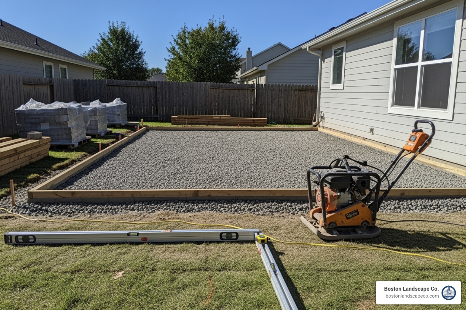 Construction site showing proper base preparation for a paver patio - Hardscape design and build
