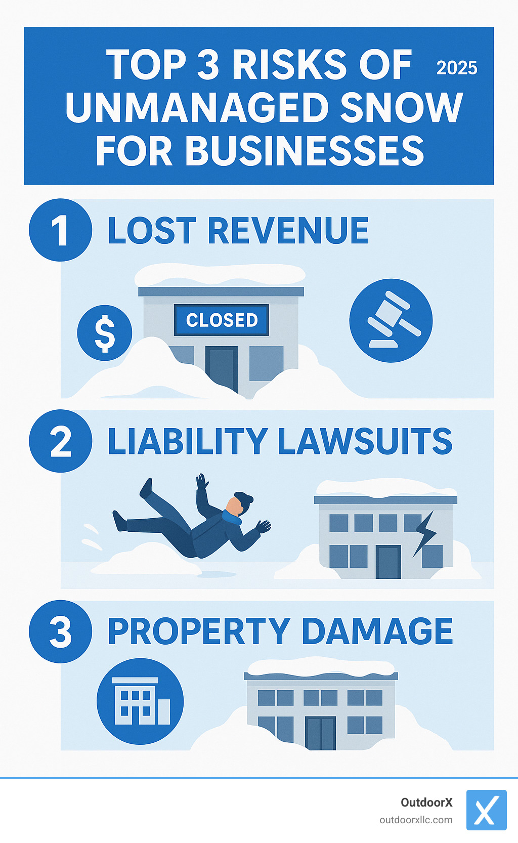 Infographic showing the top 3 risks of unmanaged snow for businesses: Lost Revenue, Liability Lawsuits, and Property Damage - commercial snow plowing services near me infographic 