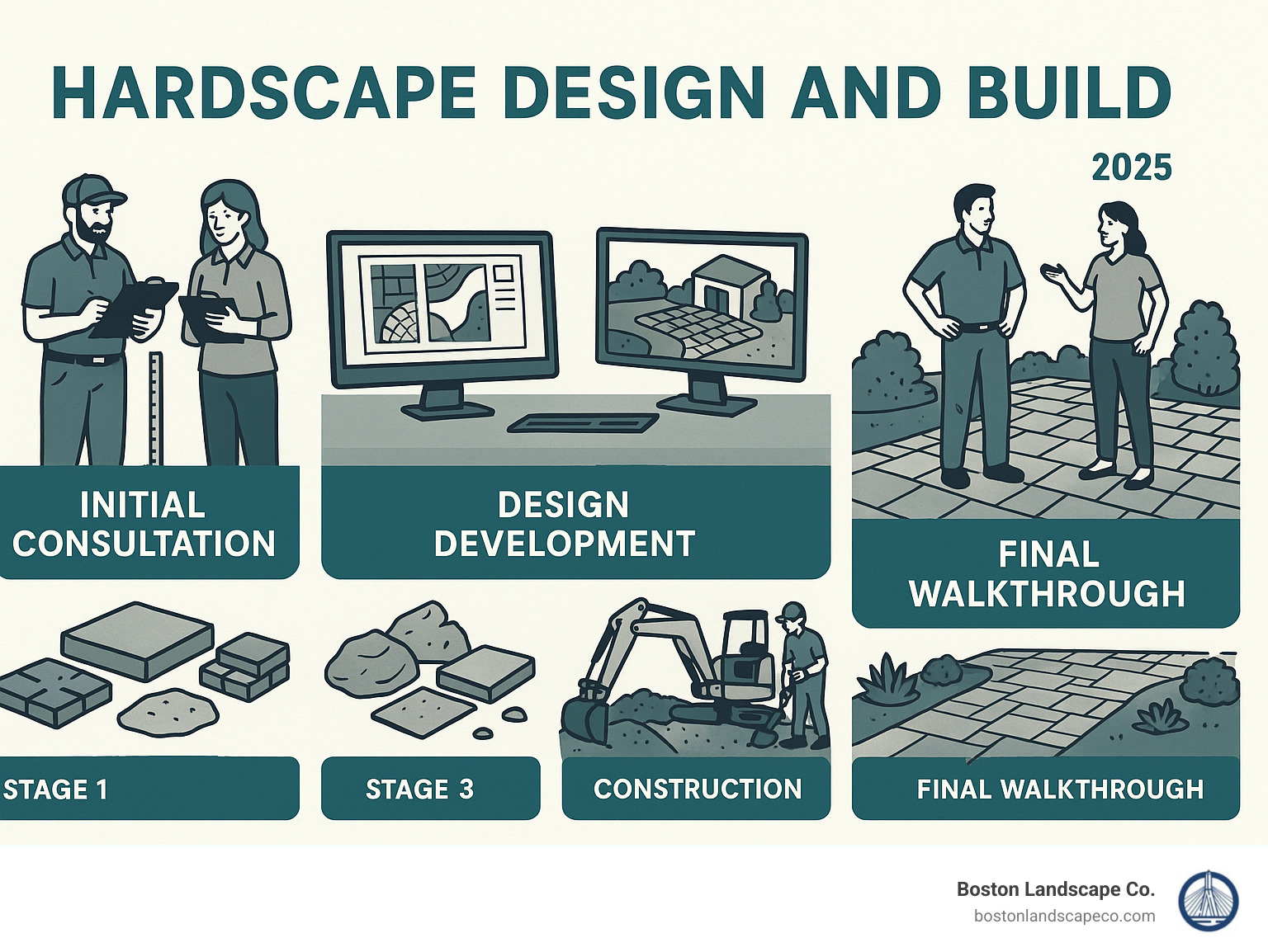 Detailed infographic showing the 5-stage hardscape design and build process: Stage 1 - Initial consultation and site analysis with measuring tools and clipboards, Stage 2 - Design development showing 2D plans and 3D renderings on computer screens, Stage 3 - Material selection displaying various pavers, stones and samples, Stage 4 - Construction phase with excavation equipment and workers installing base materials, Stage 5 - Final walkthrough with completed patio, walkways and integrated plantings - Hardscape design and build infographic 