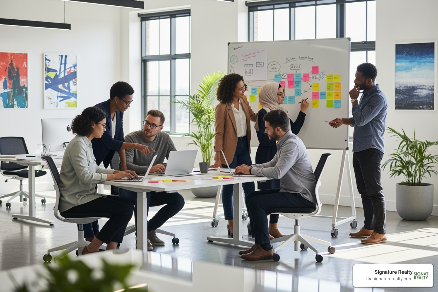 Diverse team collaborating in a modern office - office space to rent miami Diverse team collaborating in a modern office - office space to rent miami