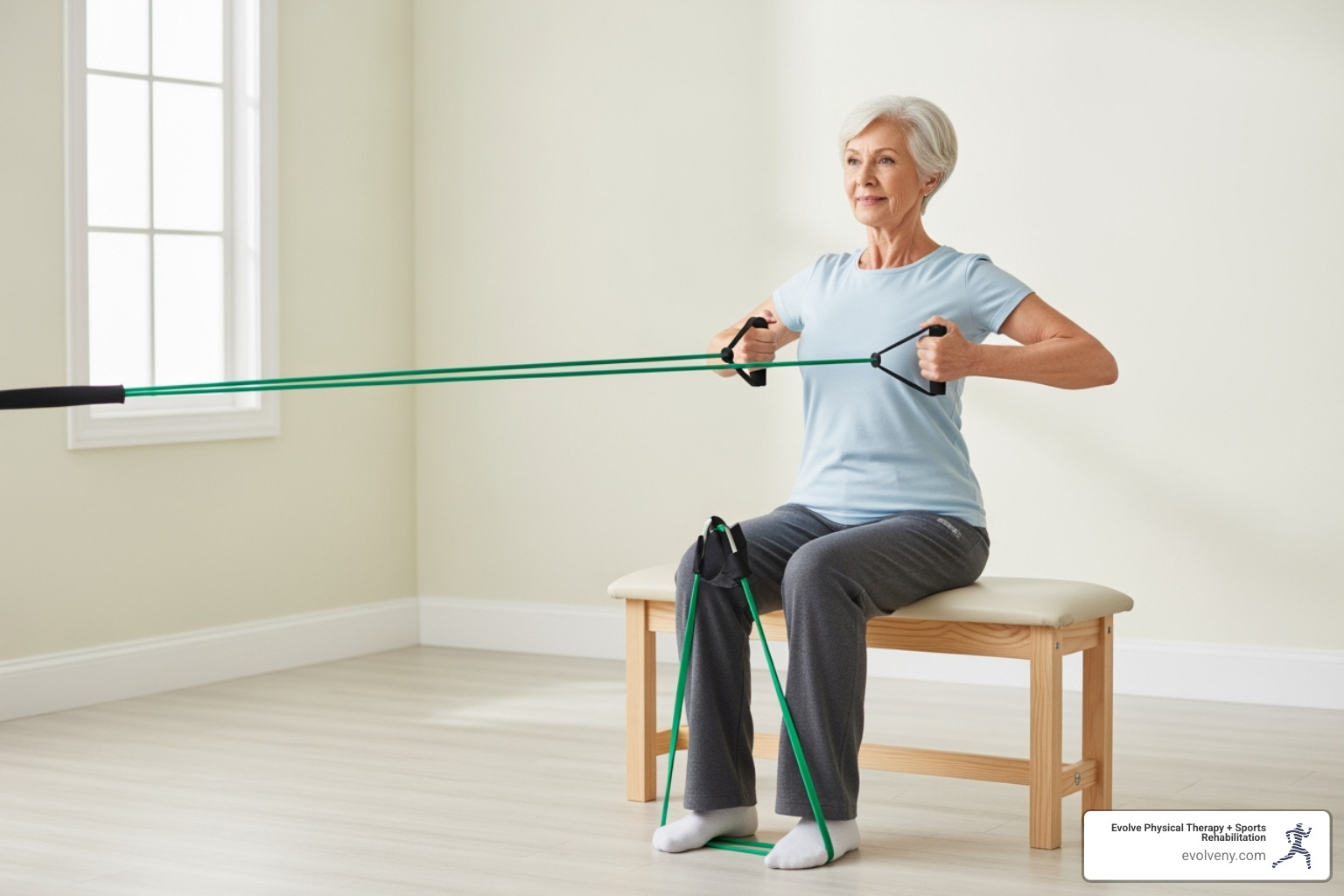 senior doing a seated row with a resistance band - elderly posture correction senior doing a seated row with a resistance band - elderly posture correction