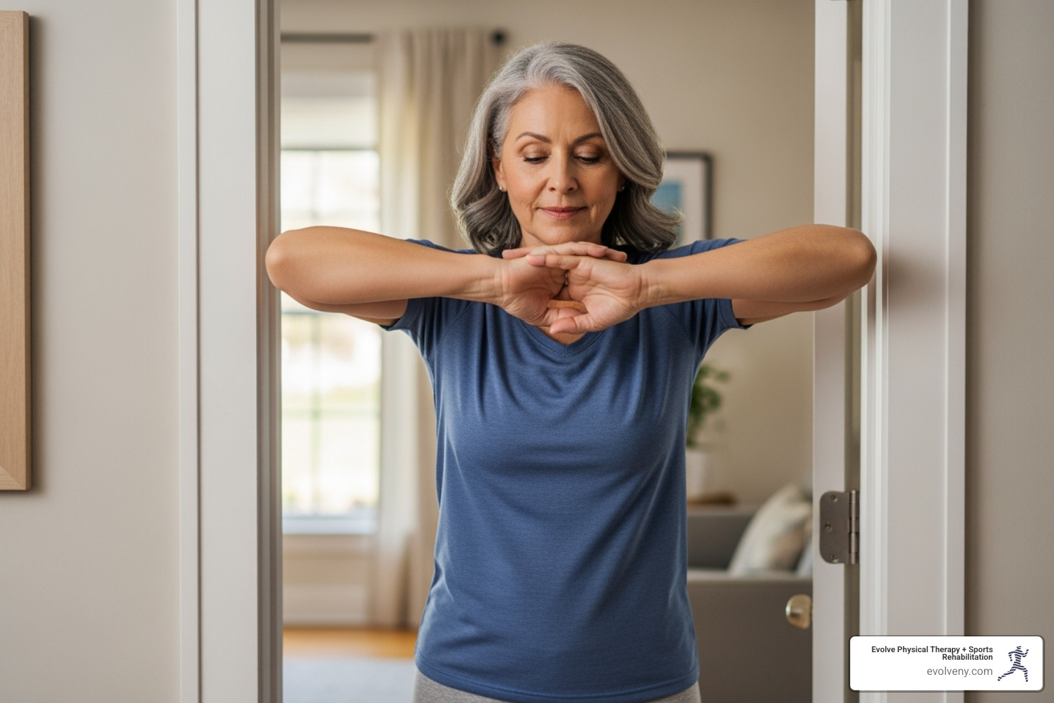 senior performing a doorway chest stretch - elderly posture correction senior performing a doorway chest stretch - elderly posture correction