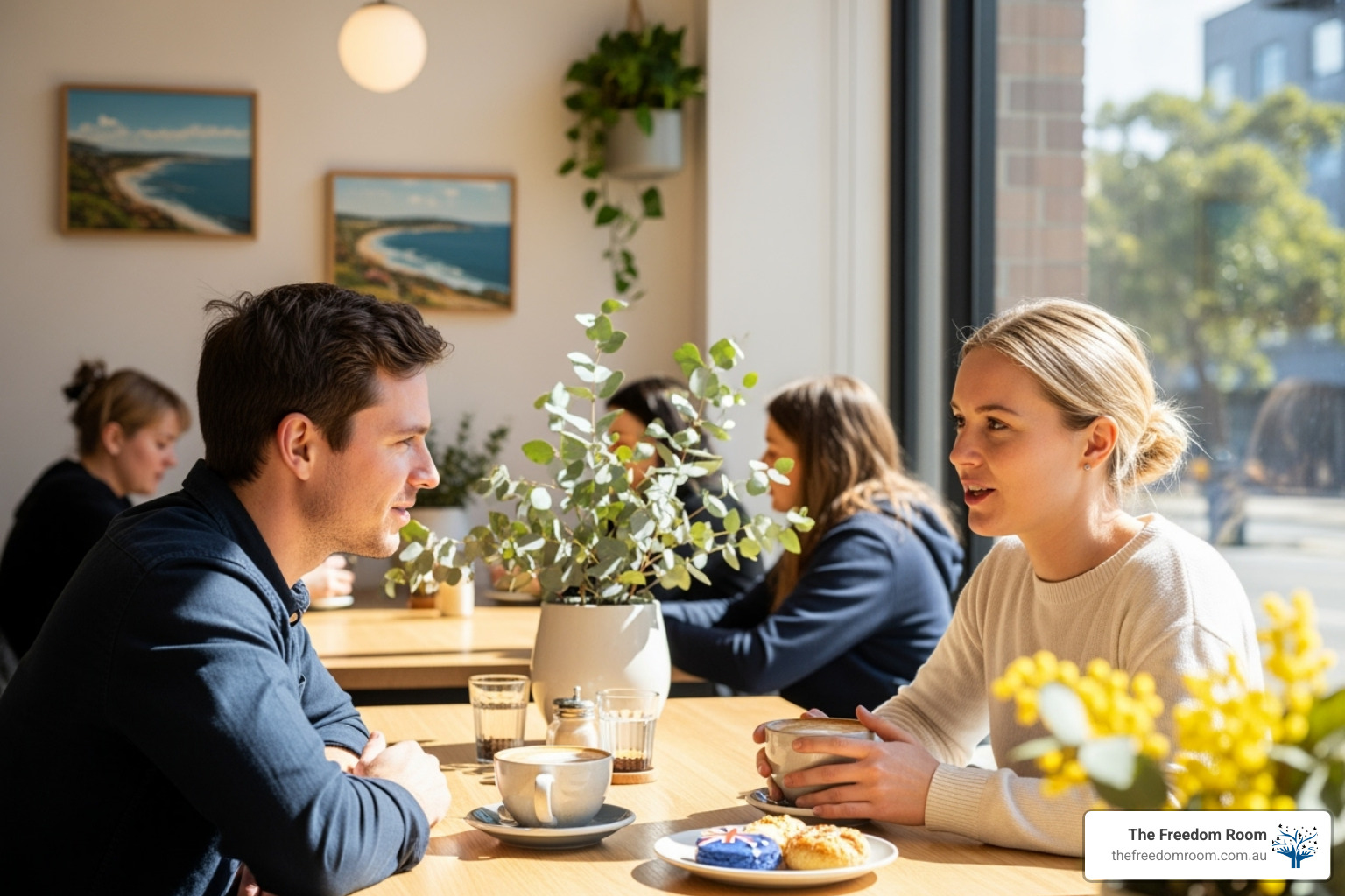 Two people having a supportive conversation over coffee in a bright, modern cafe setting in Australia - personal growth in recovery Two people having a supportive conversation over coffee in a bright, modern cafe setting in Australia - personal growth in recovery