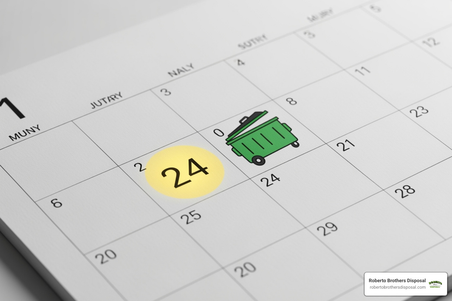 Calendar with a dumpster icon on a specific date - Dumpster rental Southern NH