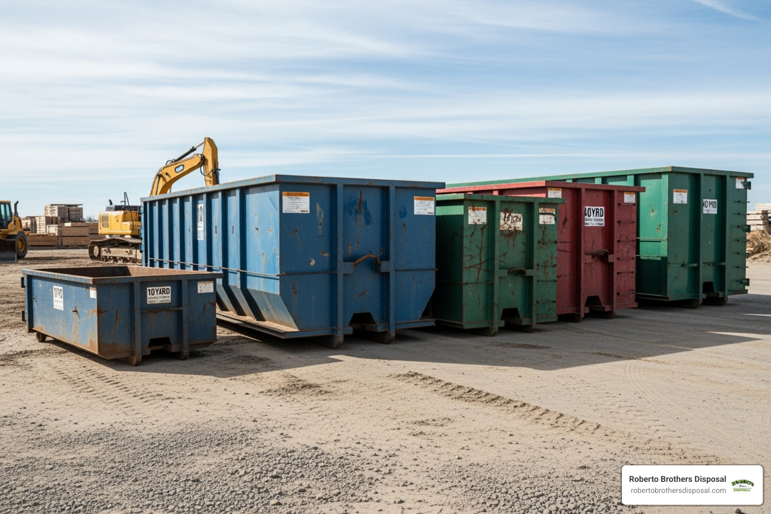 Four different sized dumpsters lined up for comparison - Dumpster rental Southern NH