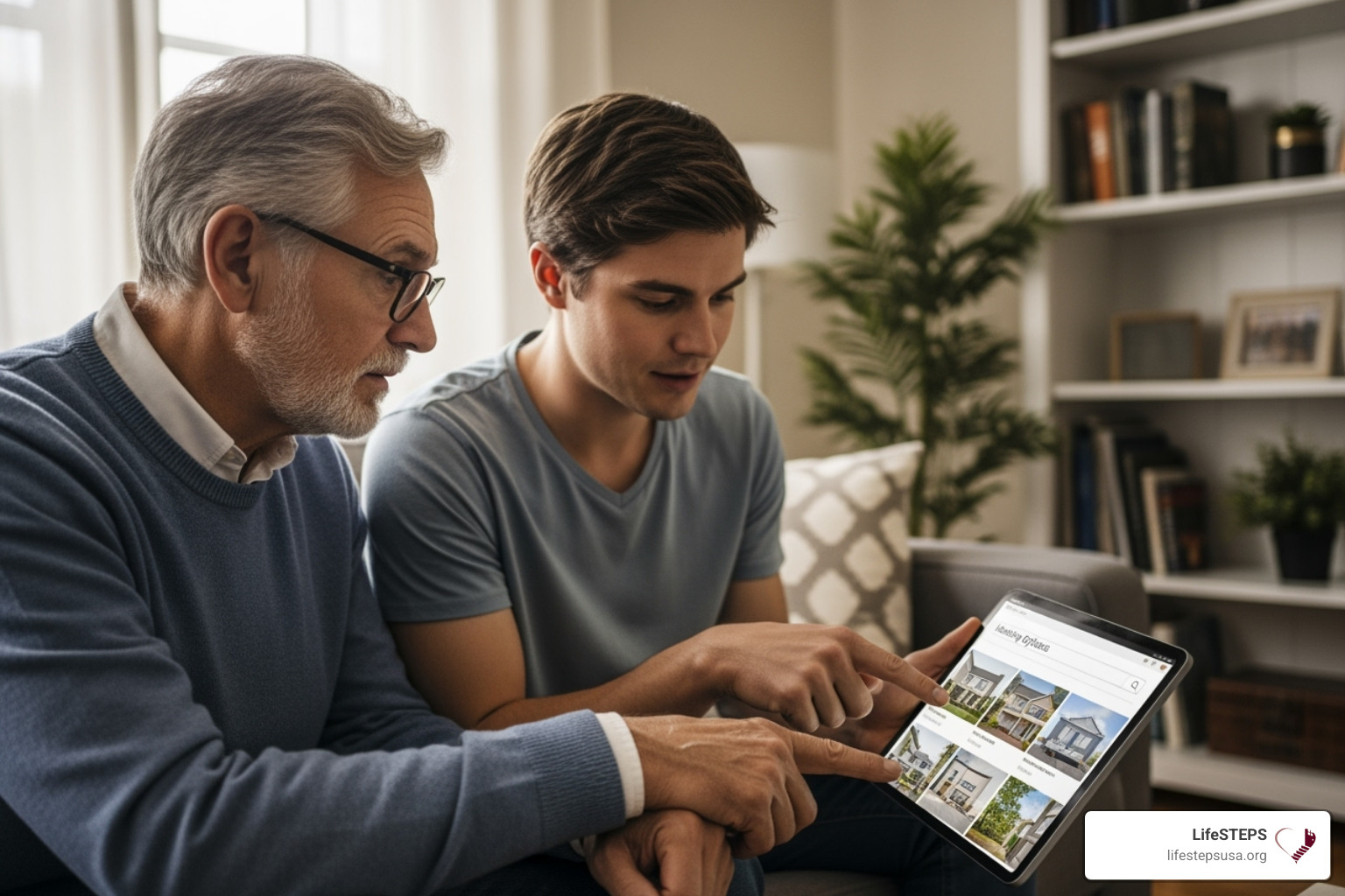 a senior and a family member looking at a tablet together, researching housing options - senior living affordable housing