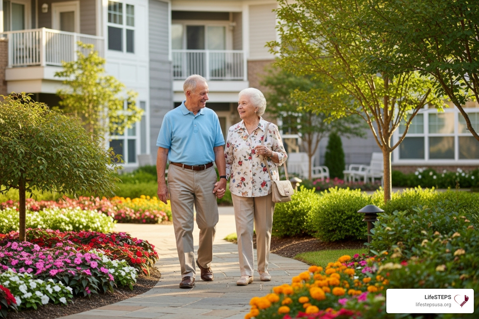 two seniors enjoying a walk in a landscaped courtyard - senior living affordable housing