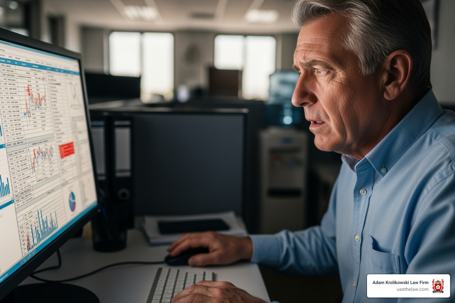 concerned older employee looking at a computer screen - age discrimination lawyers los angeles