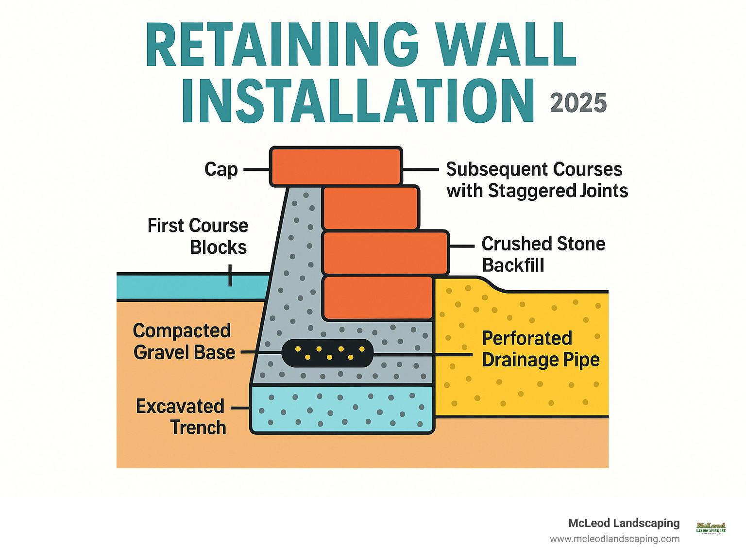 Cross-section diagram of a properly constructed retaining wall showing excavated trench, compacted gravel base, first course of blocks, perforated drainage pipe, crushed stone backfill, geotextile fabric, subsequent courses with staggered joints, and capstone finish - retaining wall installation infographic Cross-section diagram of a properly constructed retaining wall showing excavated trench, compacted gravel base, first course of blocks, perforated drainage pipe, crushed stone backfill, geotextile fabric, subsequent courses with staggered joints, and capstone finish - retaining wall installation infographic