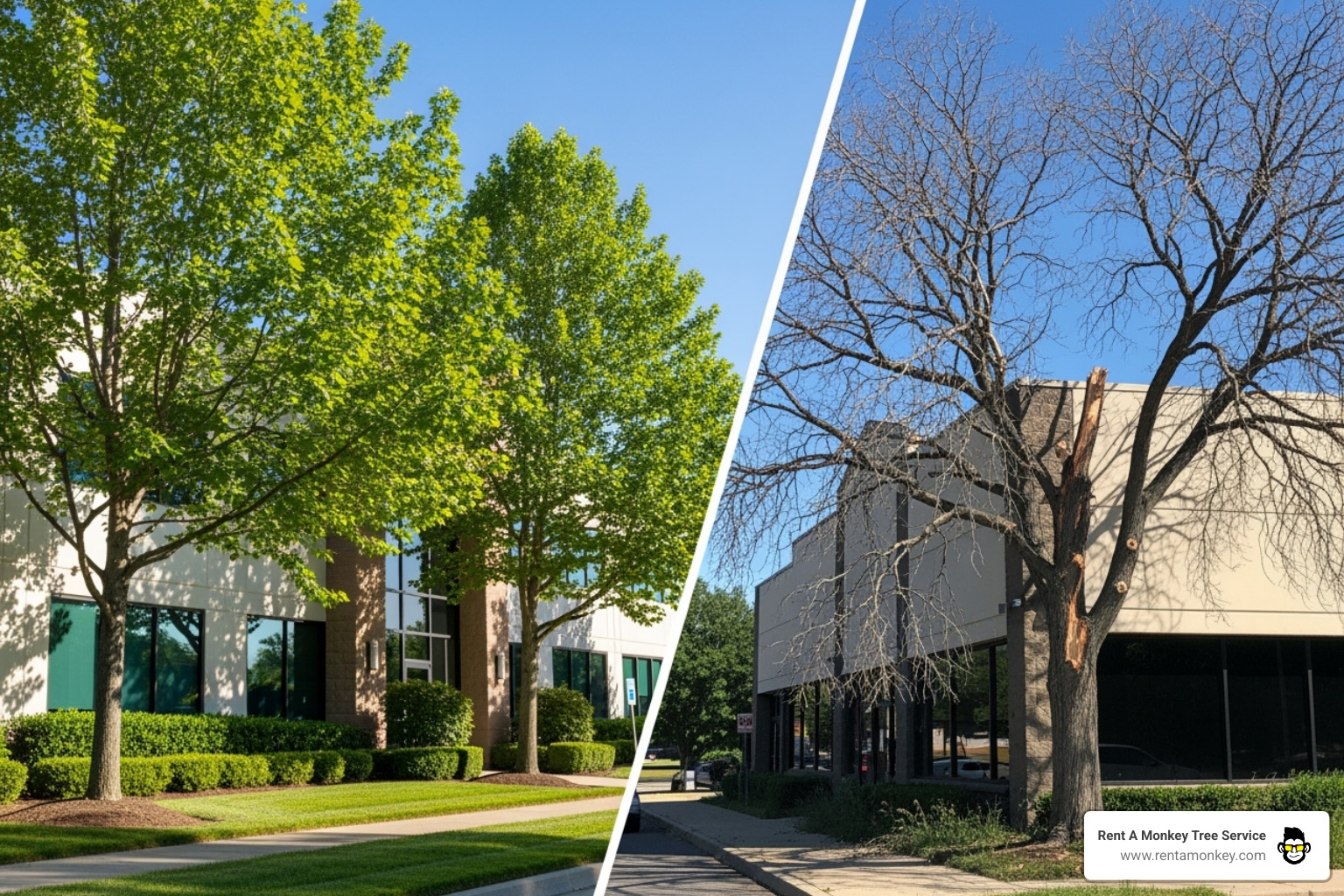 A well-maintained commercial property with healthy trees, contrasting with a property with hazardous-looking tree - commercial tree removal salt lake city A well-maintained commercial property with healthy trees, contrasting with a property with hazardous-looking tree - commercial tree removal salt lake city