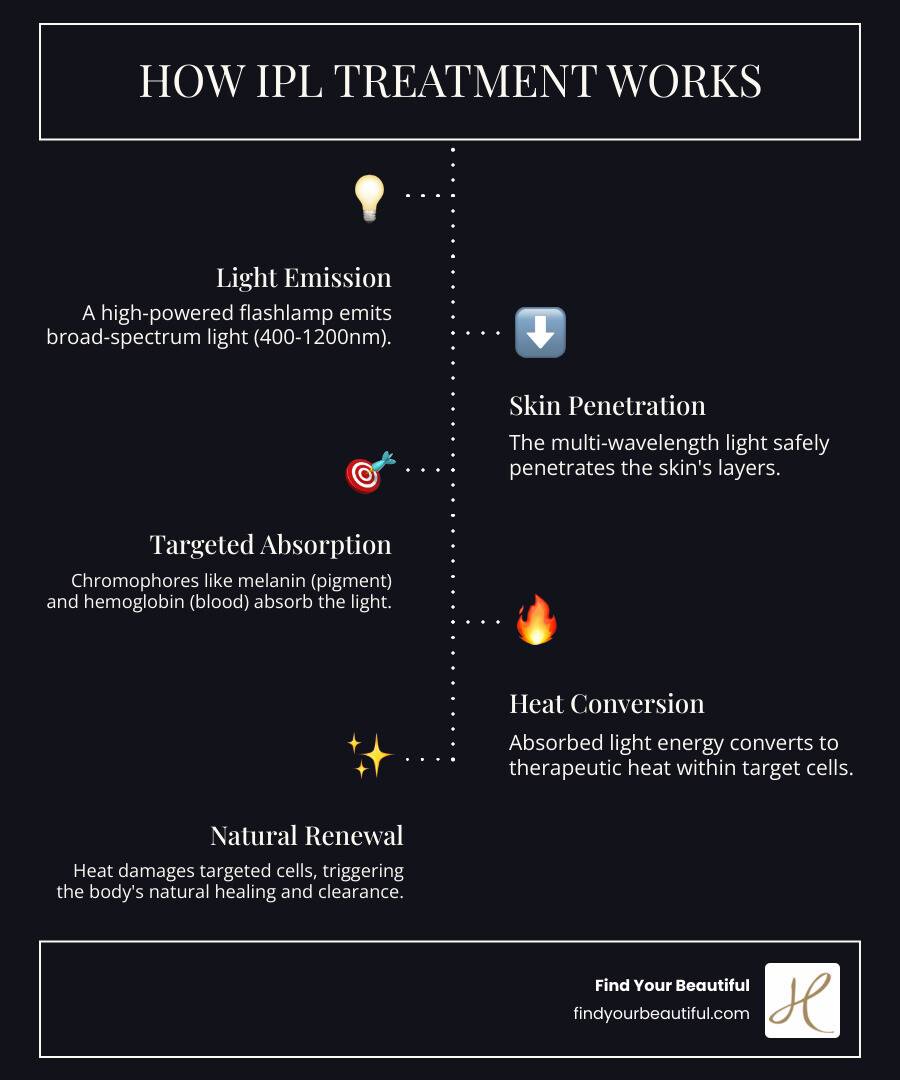 Infographic showing how IPL broad-spectrum light penetrates skin layers to target melanin in pigmented spots and hemoglobin in blood vessels, with wavelength filters selecting specific light ranges for different skin concerns - ipl treatment infographic infographic-line-5-steps-dark Infographic showing how IPL broad-spectrum light penetrates skin layers to target melanin in pigmented spots and hemoglobin in blood vessels, with wavelength filters selecting specific light ranges for different skin concerns - ipl treatment infographic infographic-line-5-steps-dark