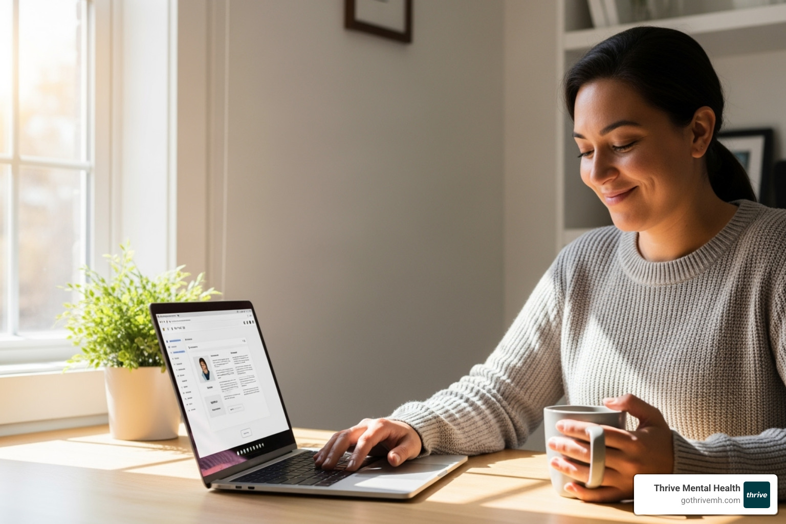 Person smiling, looking relieved while on a laptop in a comfortable, bright setting - telehealth counseling Florida