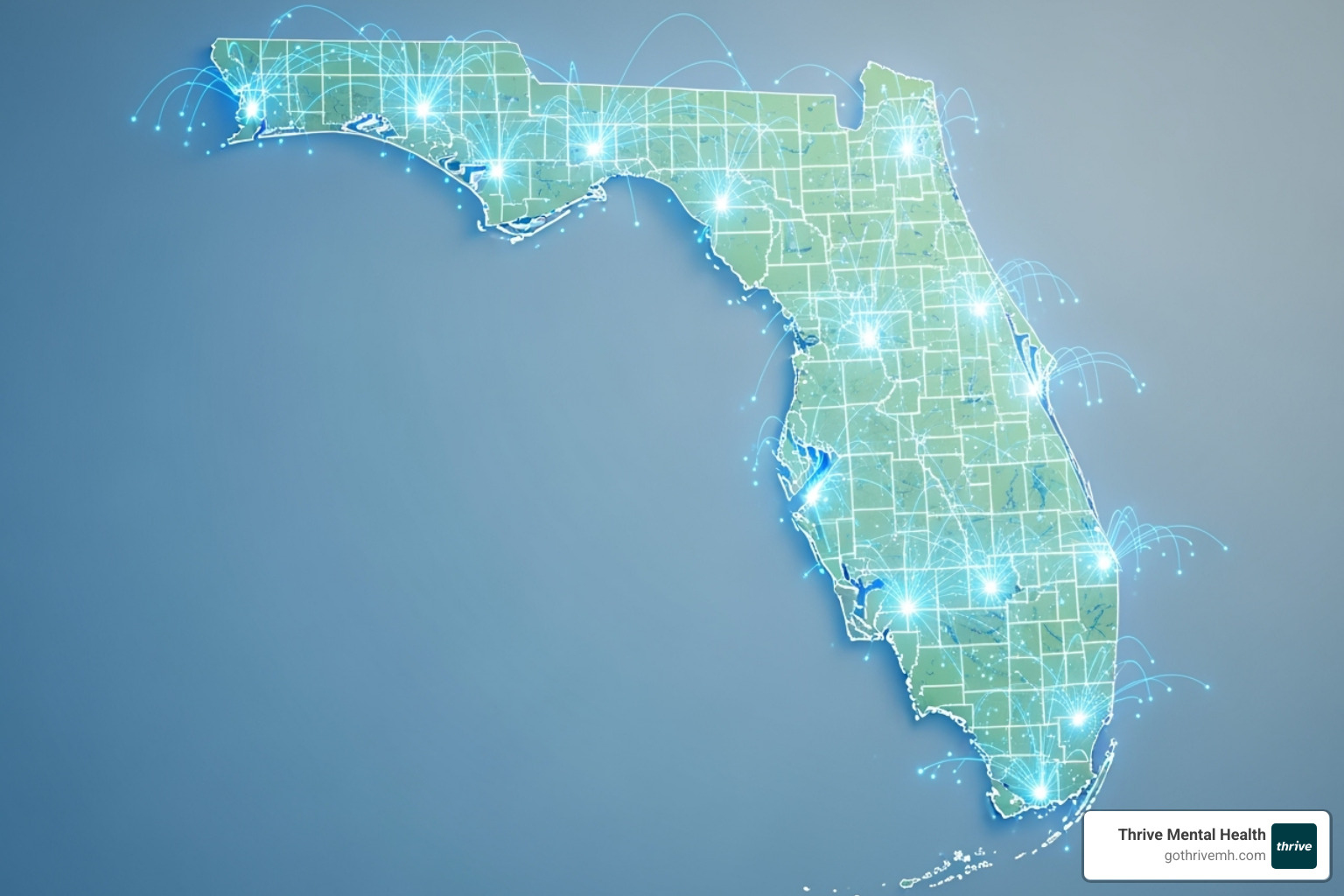 Map of Florida with digital connection lines spreading across it, symbolizing widespread telehealth access - telehealth counseling Florida