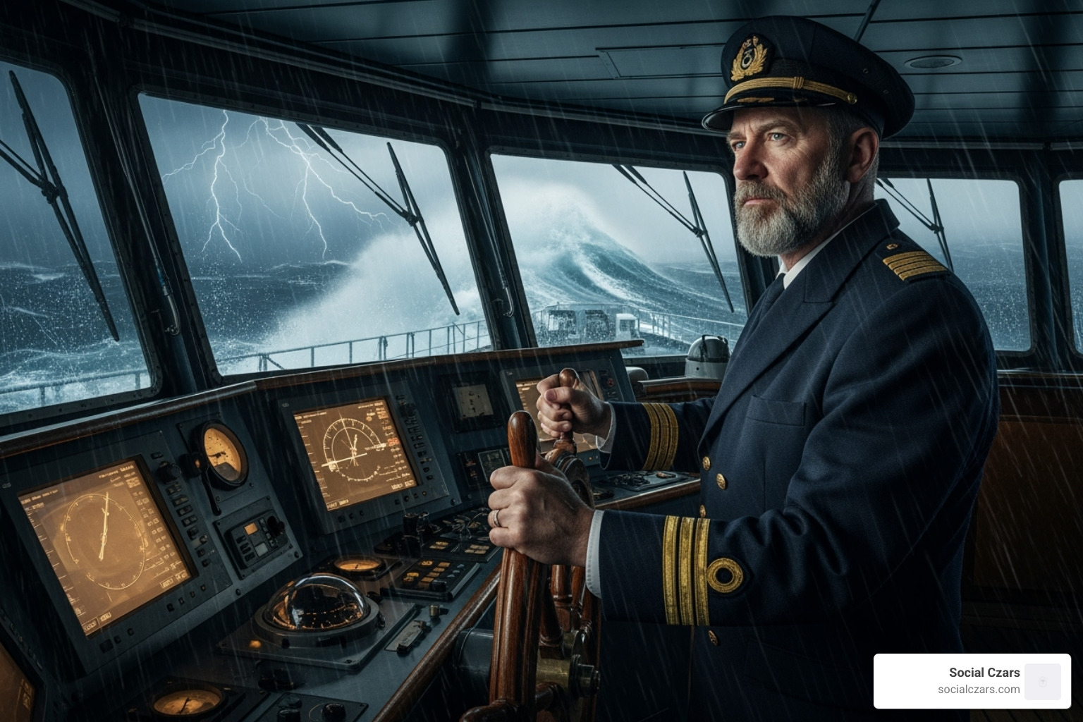 A ship's captain at the helm in a storm, looking determined - CEO crisis management