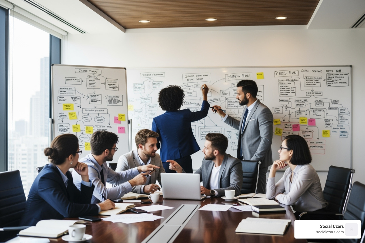 A team working on a crisis plan in a boardroom, with whiteboards and flowcharts - CEO crisis management