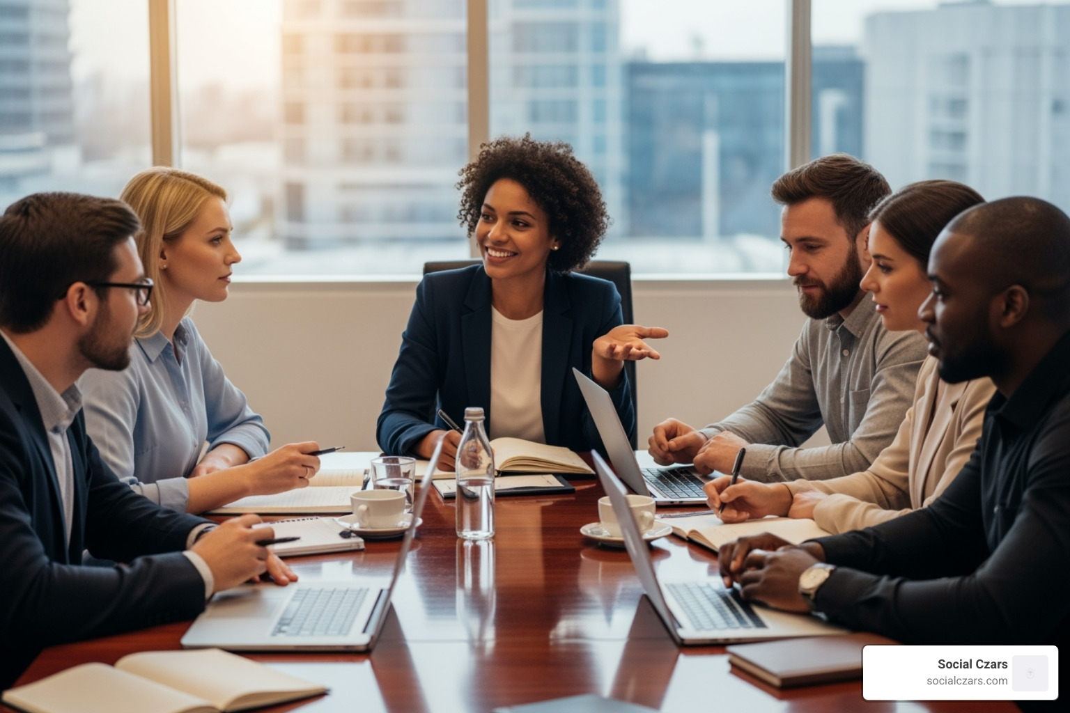 A team debriefing after an event, looking forward with laptops and notes - CEO crisis management