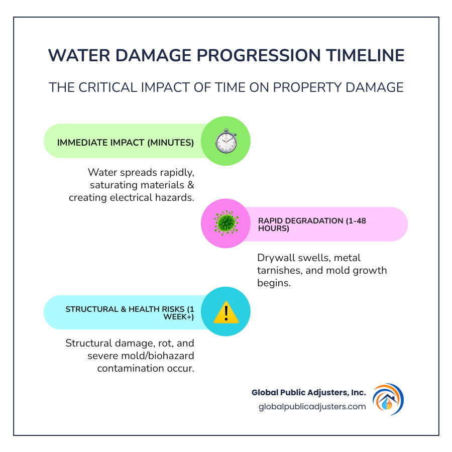Infographic showing 24-hour water damage timeline: Within minutes water spreads and saturates materials, within 1-24 hours drywall swells and metal tarnishes, within 48 hours to 1 week mold and mildew grow while furniture warps, and after 1 week structural safety risks and biohazard contamination become serious concerns - emergency water removal services infographic infographic-line-3-steps-colors
