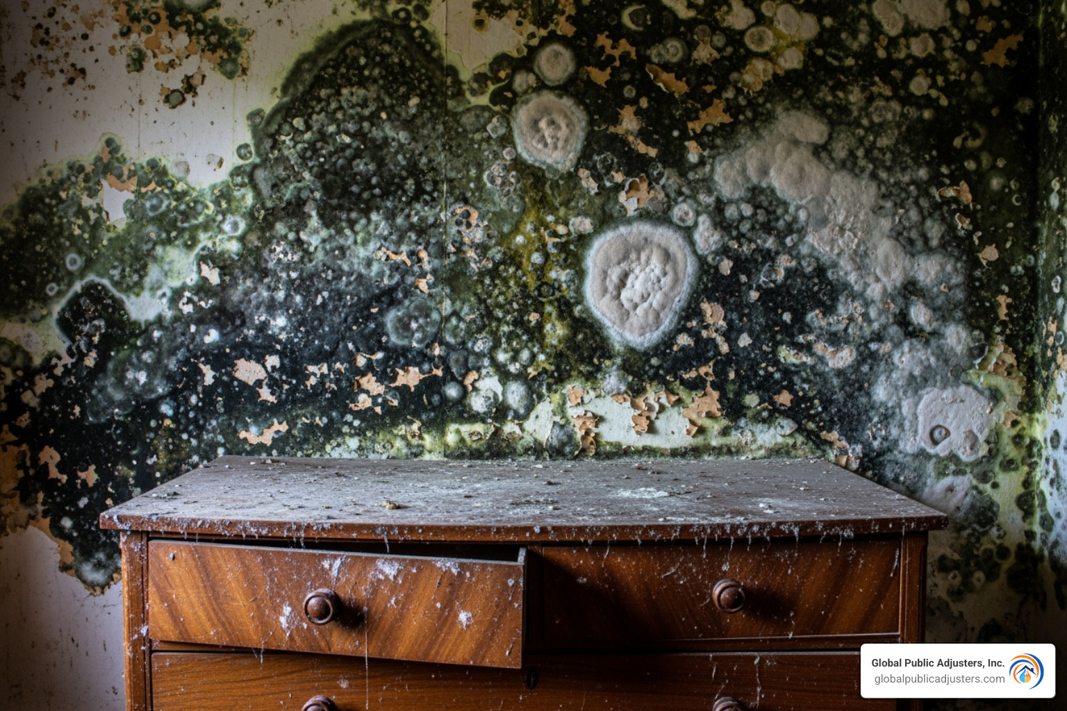 significant mold growth on a wall behind a piece of furniture - emergency water removal services