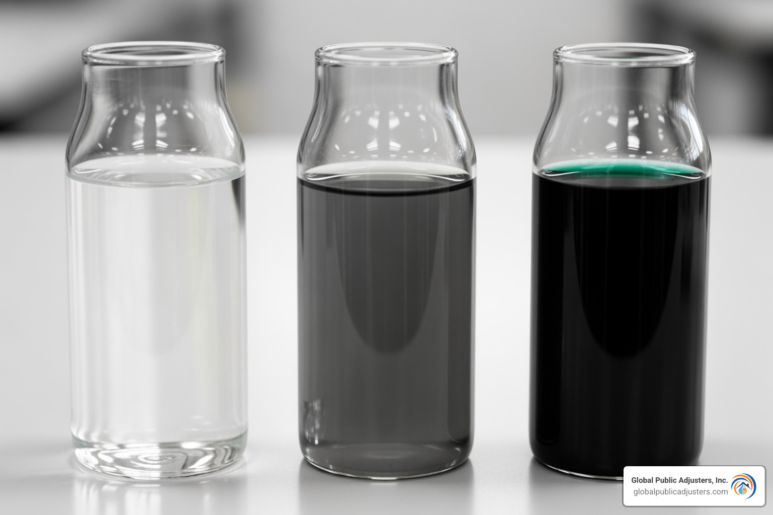three vials of water showing clear (Category 1), grey (Category 2), and black (Category 3) water - emergency water removal services