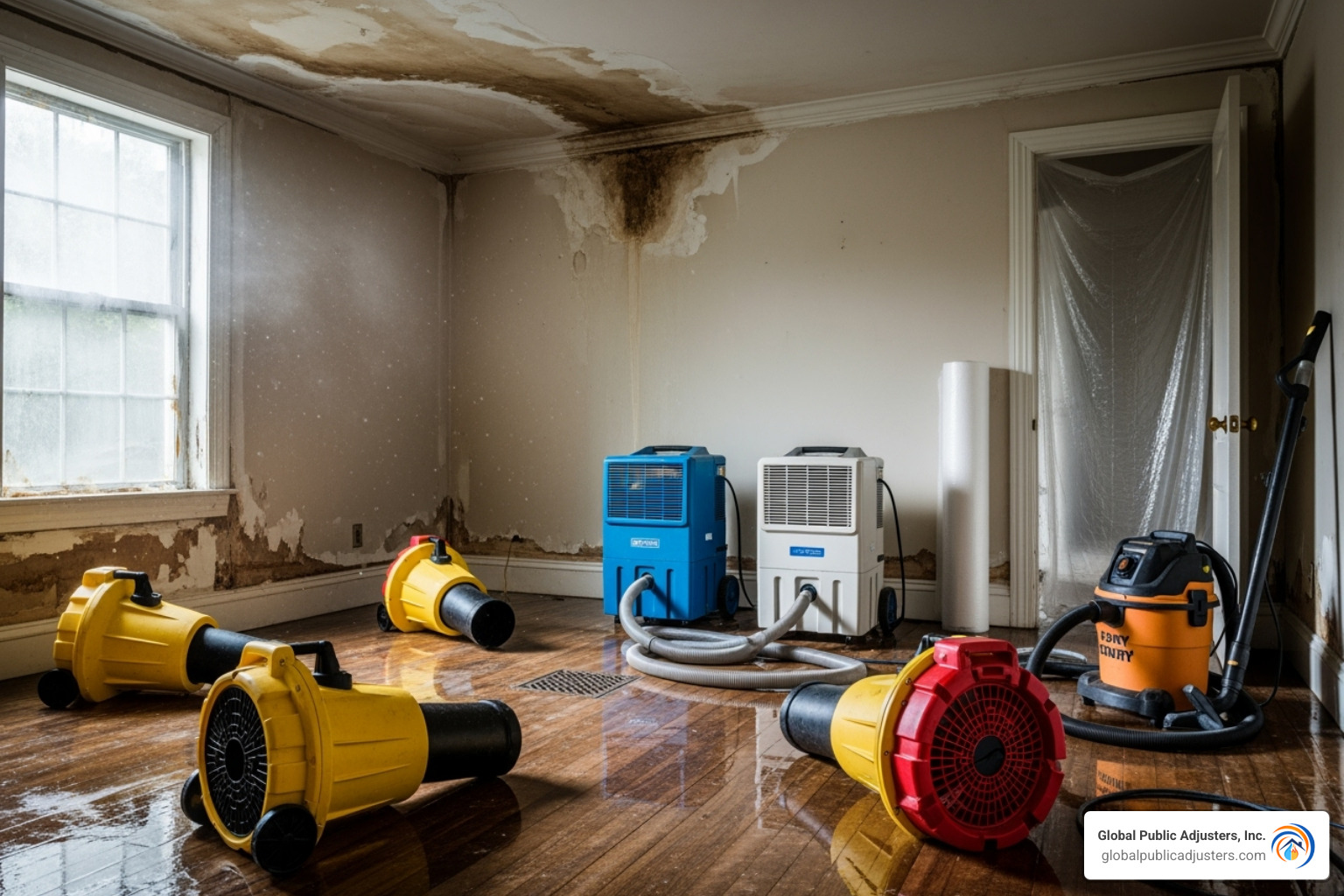 professional water restoration equipment like air movers and dehumidifiers in a damaged room - emergency water removal services