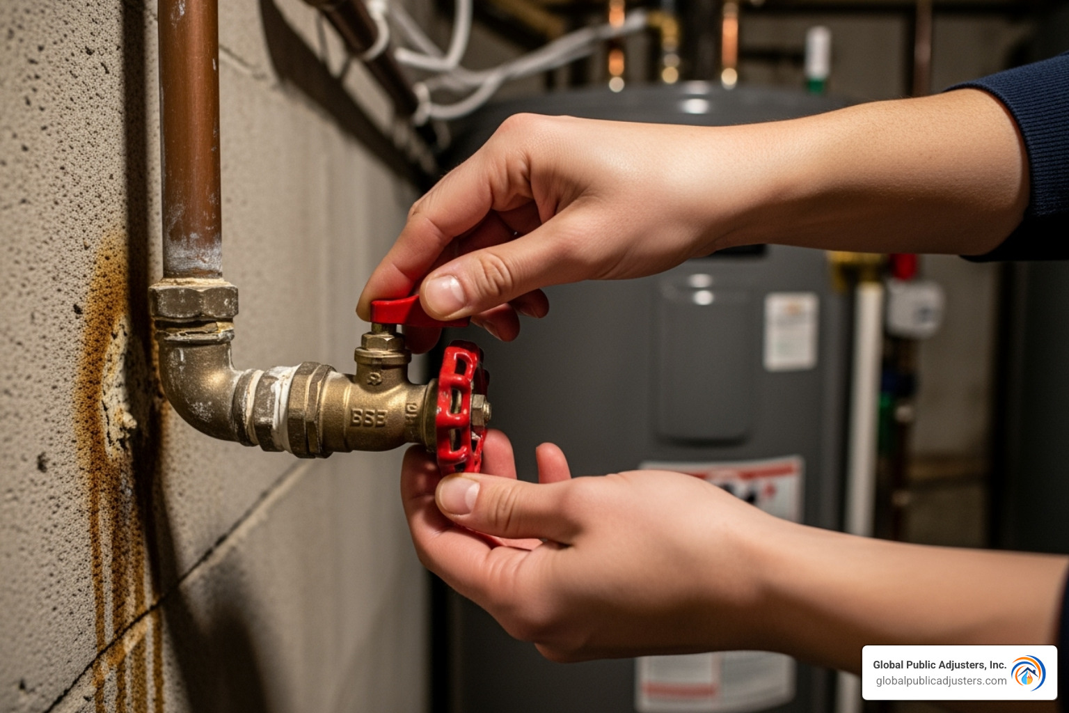 person safely shutting off main water valve - emergency water removal services
