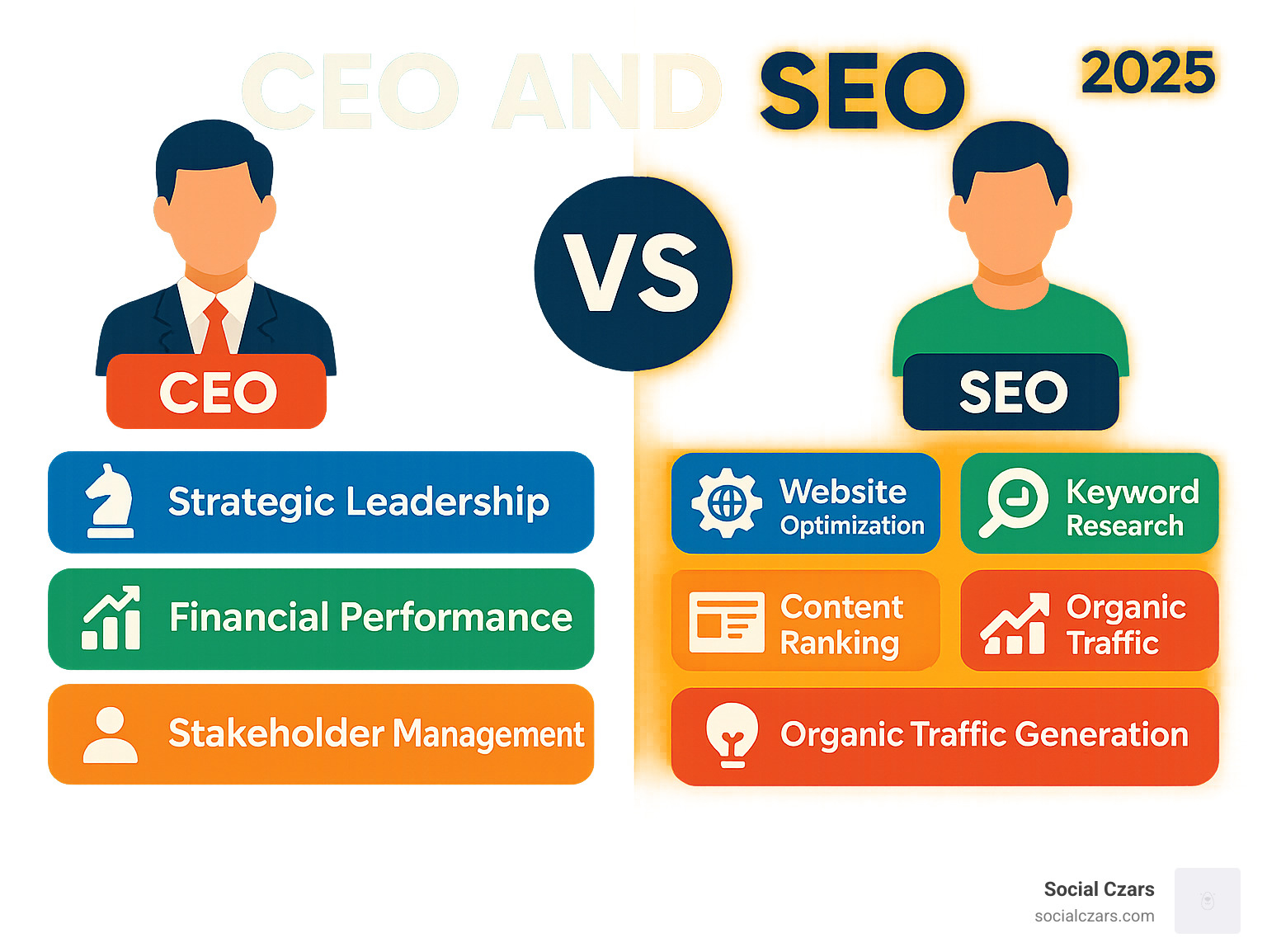 Infographic comparing CEO responsibilities (strategic leadership, financial performance, stakeholder management, company vision) versus SEO responsibilities (website optimization, keyword research, content ranking, organic traffic generation) - ceo and seo infographic Infographic comparing CEO responsibilities (strategic leadership, financial performance, stakeholder management, company vision) versus SEO responsibilities (website optimization, keyword research, content ranking, organic traffic generation) - ceo and seo infographic