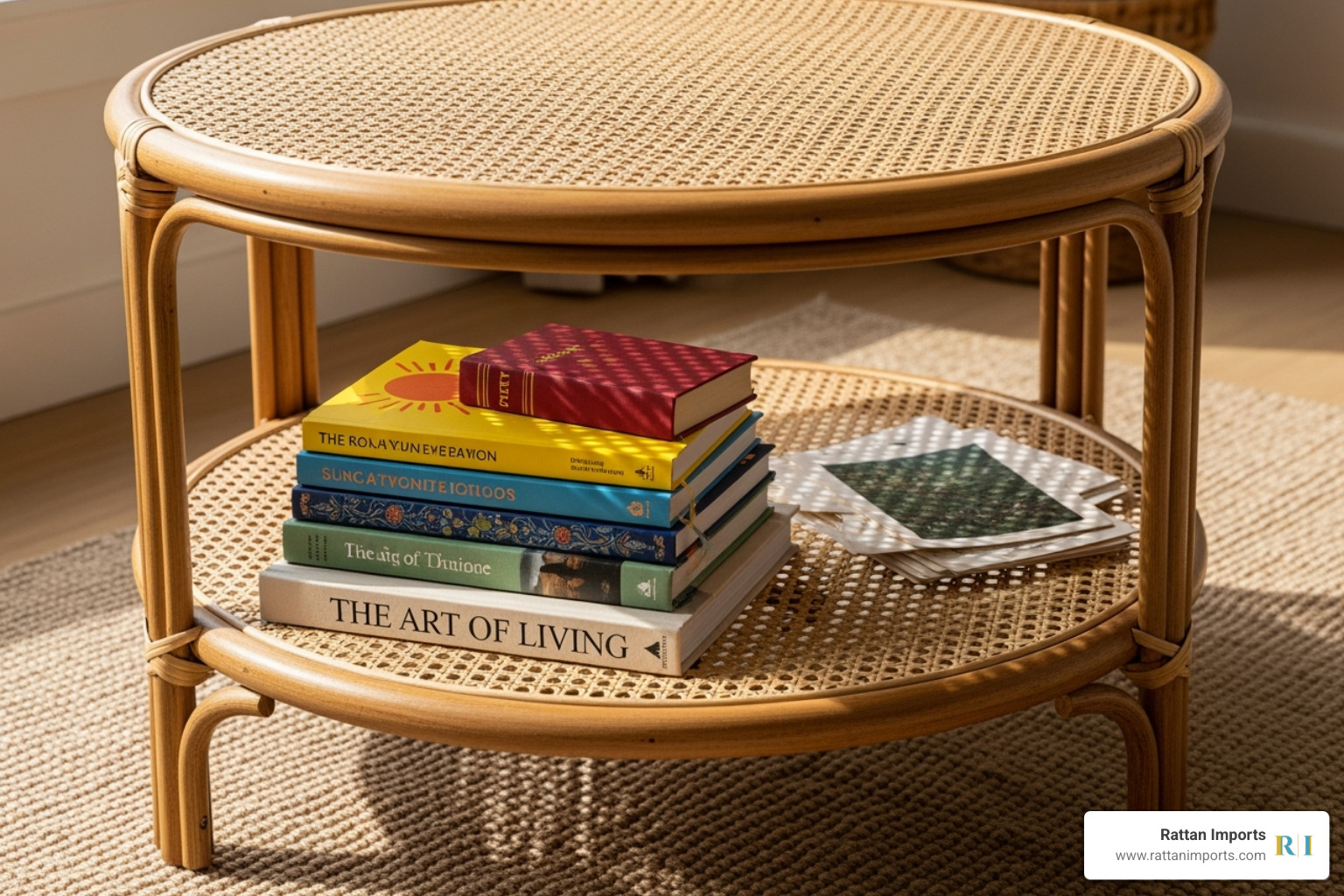 two-tier rattan coffee table with books - Circular rattan coffee table