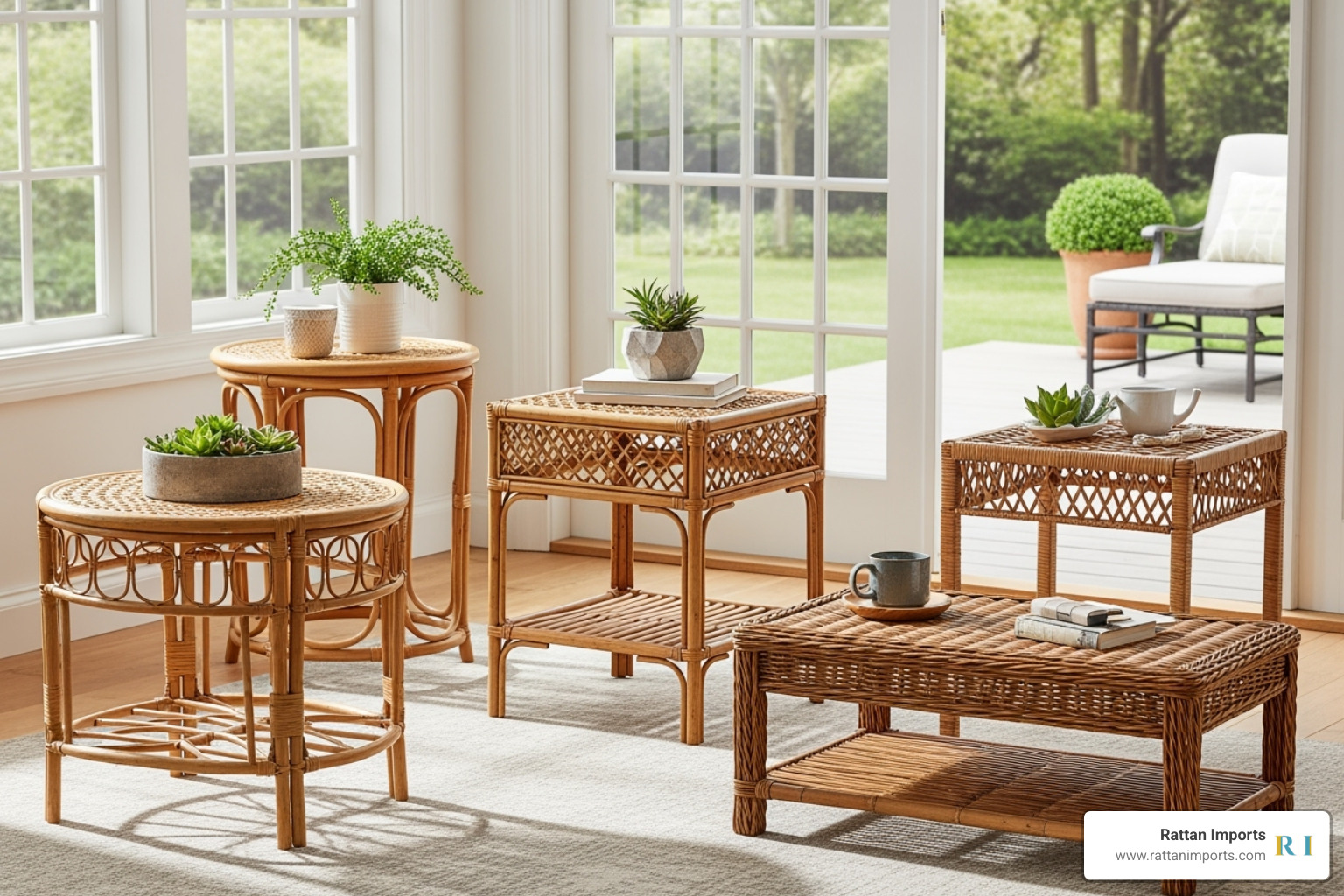 Image showcasing a variety of wicker end table shapes like round, square, and rectangular - wicker end tables with glass top
