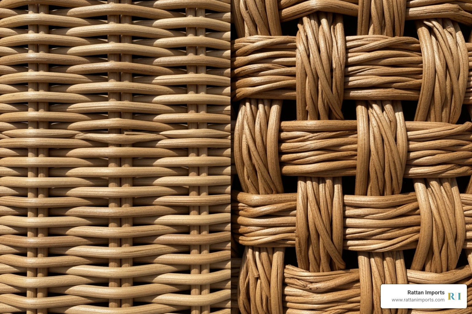 Image of different wicker weave styles, such as flat weave and round weave - wicker end tables with glass top