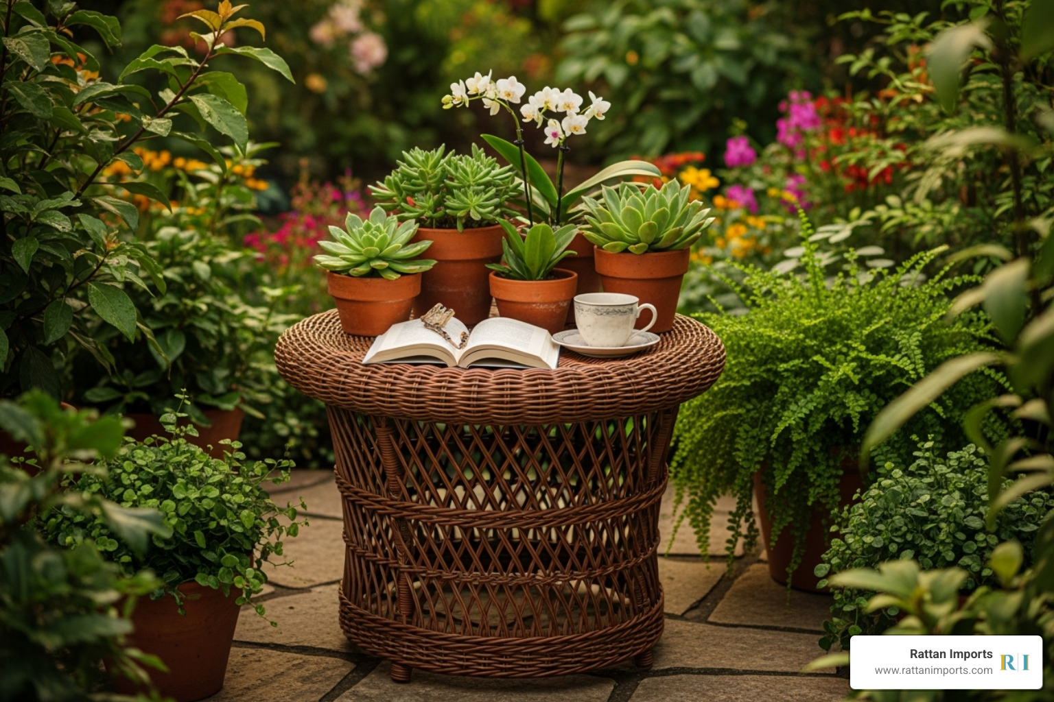 a brown wicker side table styled in a garden setting with potted plants and soft lighting - brown wicker side table outdoor