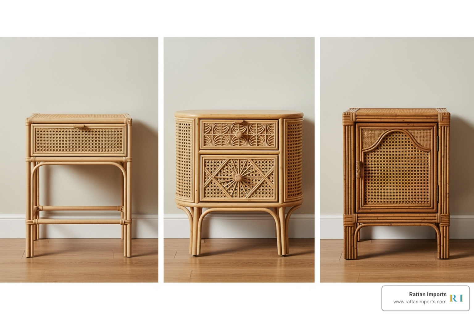 three different styles of rattan nightstands side-by-side - Rattan nightstand with drawer
