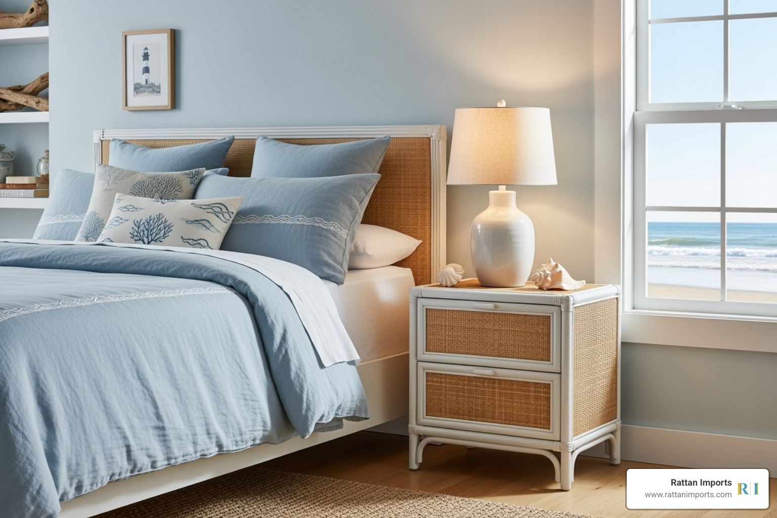 coastal-themed bedroom with a white or natural rattan nightstand - Rattan nightstand with drawer