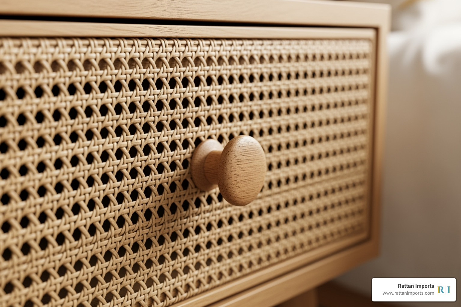 close-up on a rattan nightstand drawer - Rattan nightstand with drawer