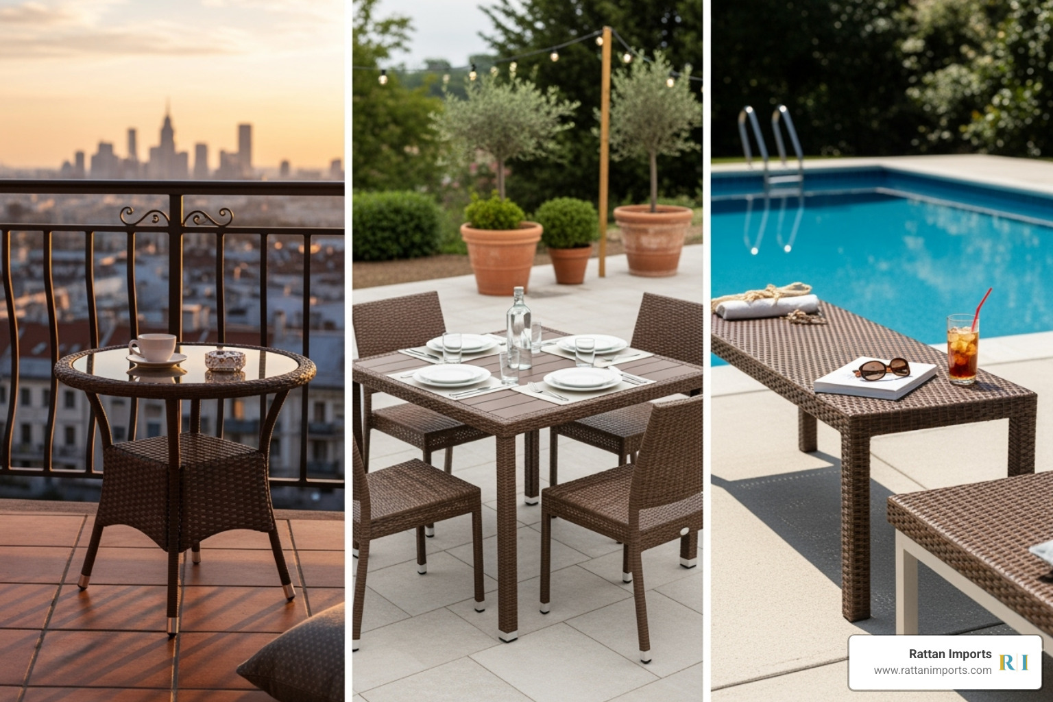 different sized wicker tables in various outdoor settings: a small round table on a balcony, a square table on a large patio, and a rectangular table next to a lounge chair - brown wicker side table outdoor