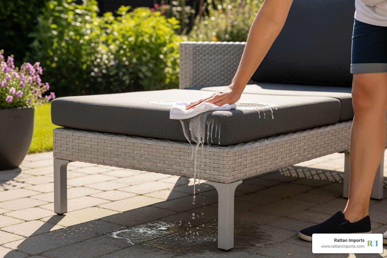 person easily wiping down a synthetic rattan chair - Rattan lounge chair outdoor