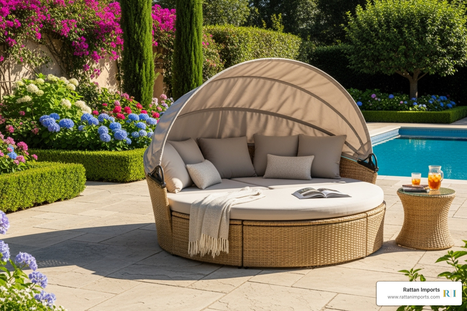 large, round rattan daybed with canopy - Rattan lounge chair outdoor
