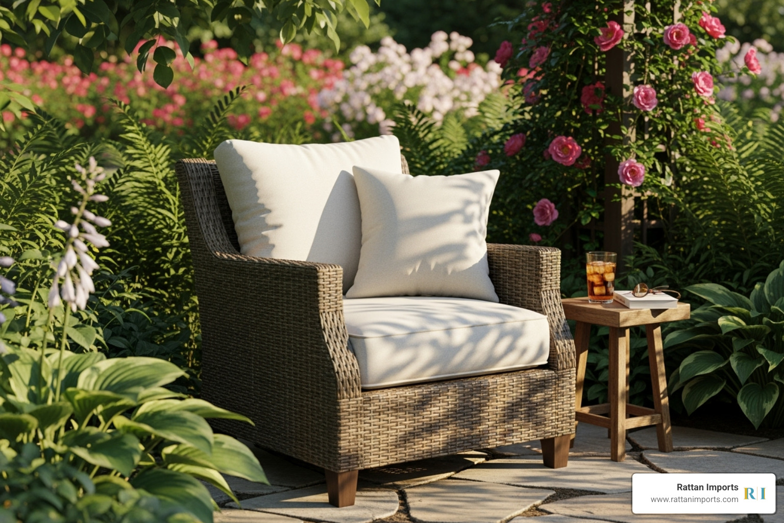 deep-seated rattan club chair with plush cushions in a garden nook - Rattan lounge chair outdoor