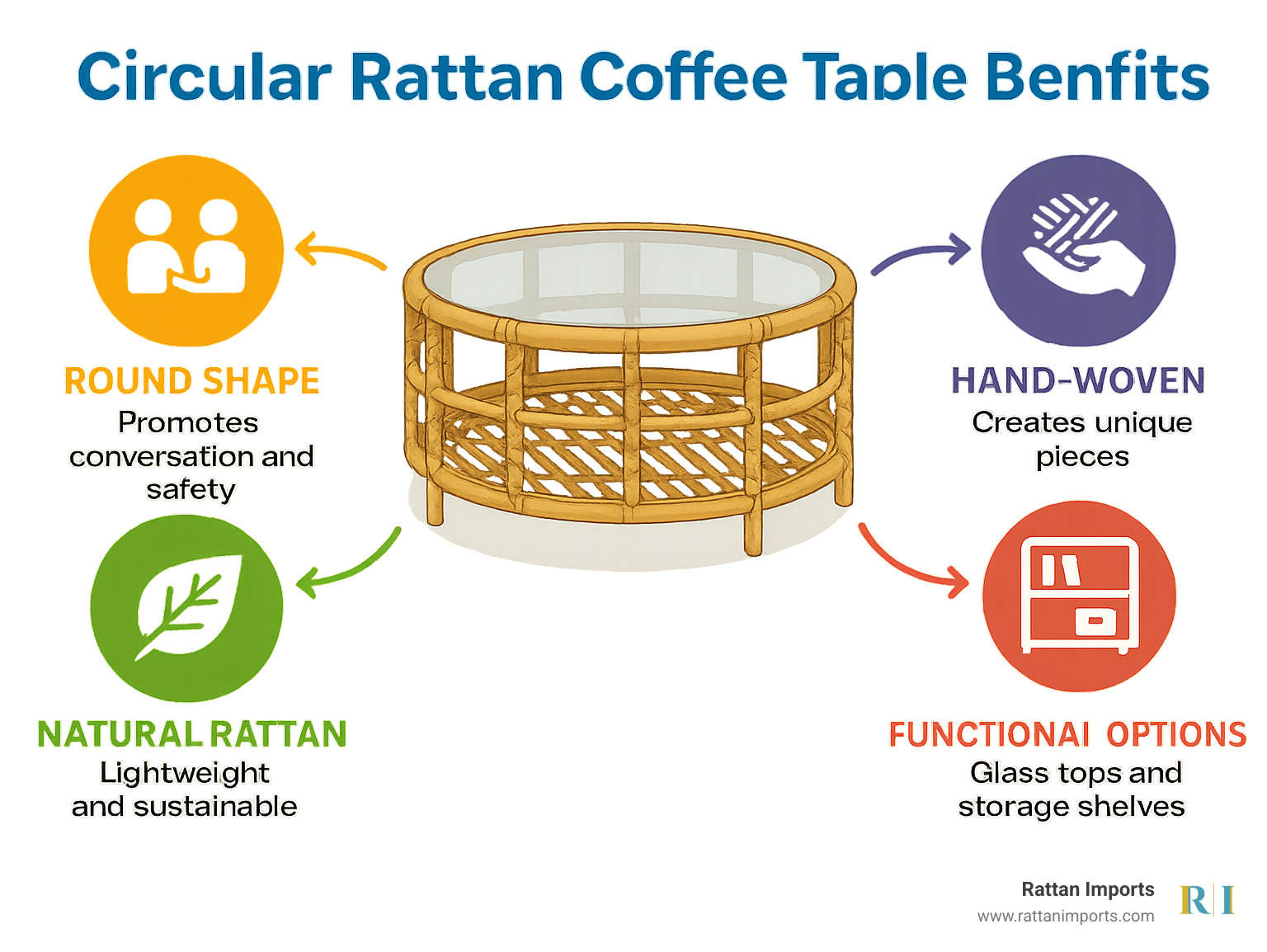 Infographic showing circular rattan coffee table benefits: round shape promotes conversation and safety, natural rattan material is lightweight and sustainable, hand-woven craftsmanship creates unique pieces, versatile styling works with multiple decor themes, and functional options include glass tops and storage shelves - Circular rattan coffee table infographic 